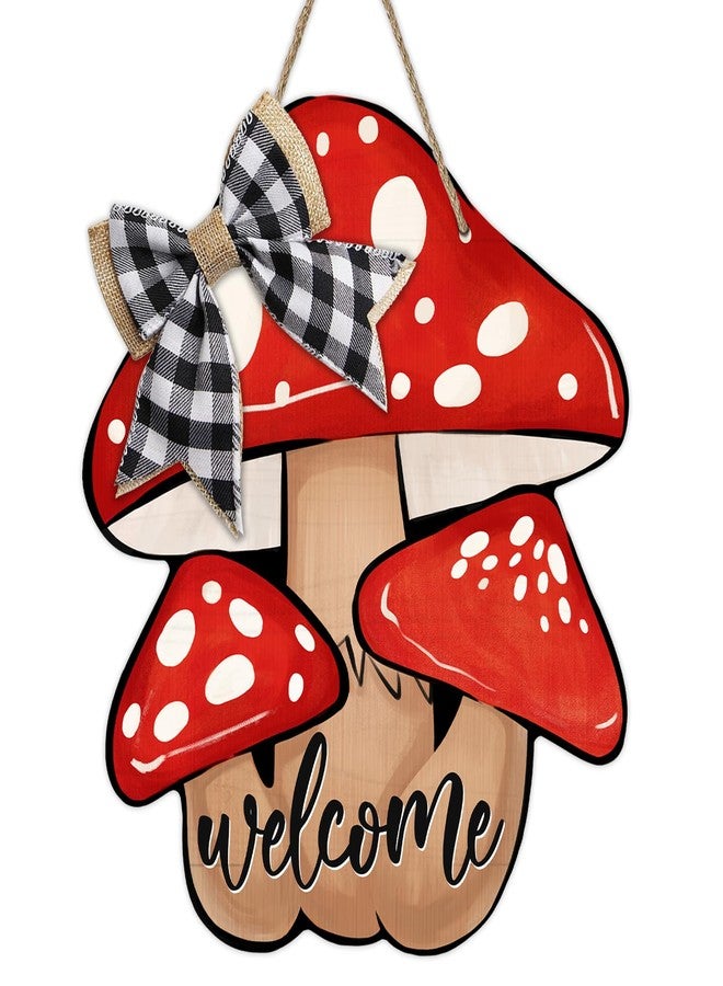 Deroro Welcome Fall Mushroom Sign for Front Door Decor, Autumn Buffalo Plaid Check Bow Wood Door Hanger for Outdoor Outside Porch, Seasonal Wooden Wreath Indoor Wall Hanging Decoration - Image 1